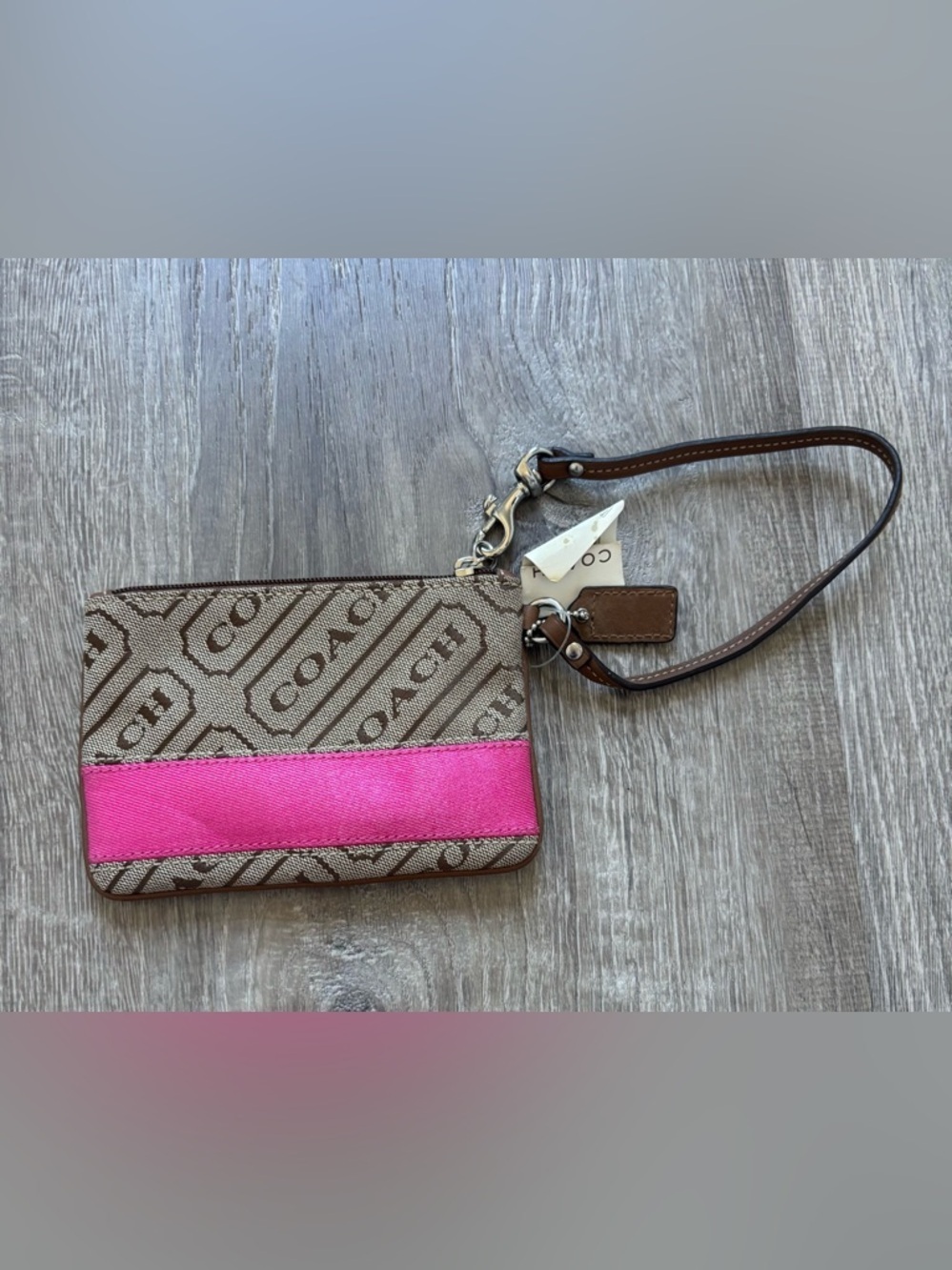 Coach Signature Wristlet in Brown and Hot Pink